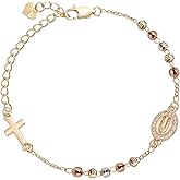 Religious Gift Rosary Bracelet for Women-14K gold plated Virgen de Guadalupe Rosary Beads Cross Charm Link Chain, Dainty Virgin Mary Catholic Gifts for Confirmation Baptism First Communion Godmother
