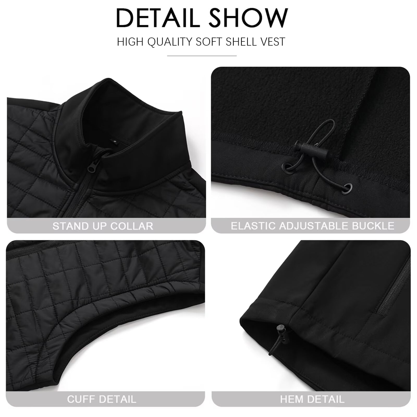 AKuVoL Men's Windproof Softshell Vest Zip Up Fleece Lined Lightweight Sleeveless Jacket for Skiing Hiking Running Black XL