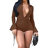 Womens Sexy V Neck Long Trumpet Sleeve Jumpsuit Short Pants Bodycon One Piece Outfits Clubwear Party Romper
