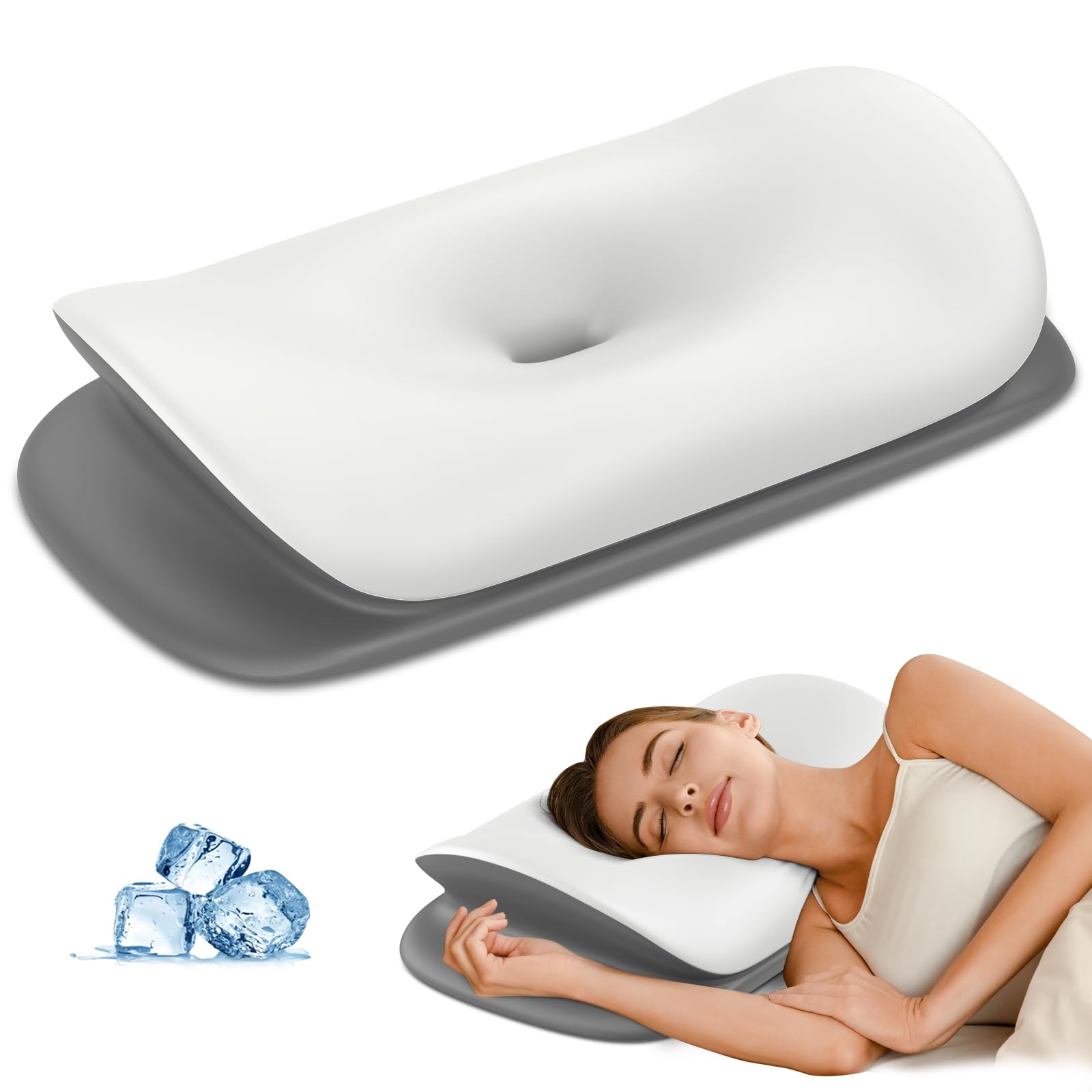 Cervical Neck Pillow - Ergonomic Memory Foam Contour Pillows for Side, Back & Stomach Sleepers, Cervical Pillow for Neck Support Sleeping with Breathable Cover (White&Grey)