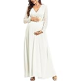 CYCLAMEN Maternity Dress Flowy A-Line Wrap Gown with Floral Lace and Contrast Chiffon Long Sleeve V Neck for Baby Shower