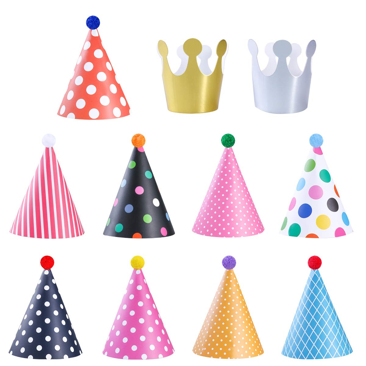 NUOLUX Birthday Party Cone Hats with Pom Poms (9 hats and 2 crowns)