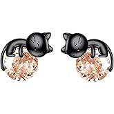 Vadmans Birthstone Cat Earrings Sterling Silver Black Cat Stud Earrings November Birthstone Earrings Jewelry Gift for Women