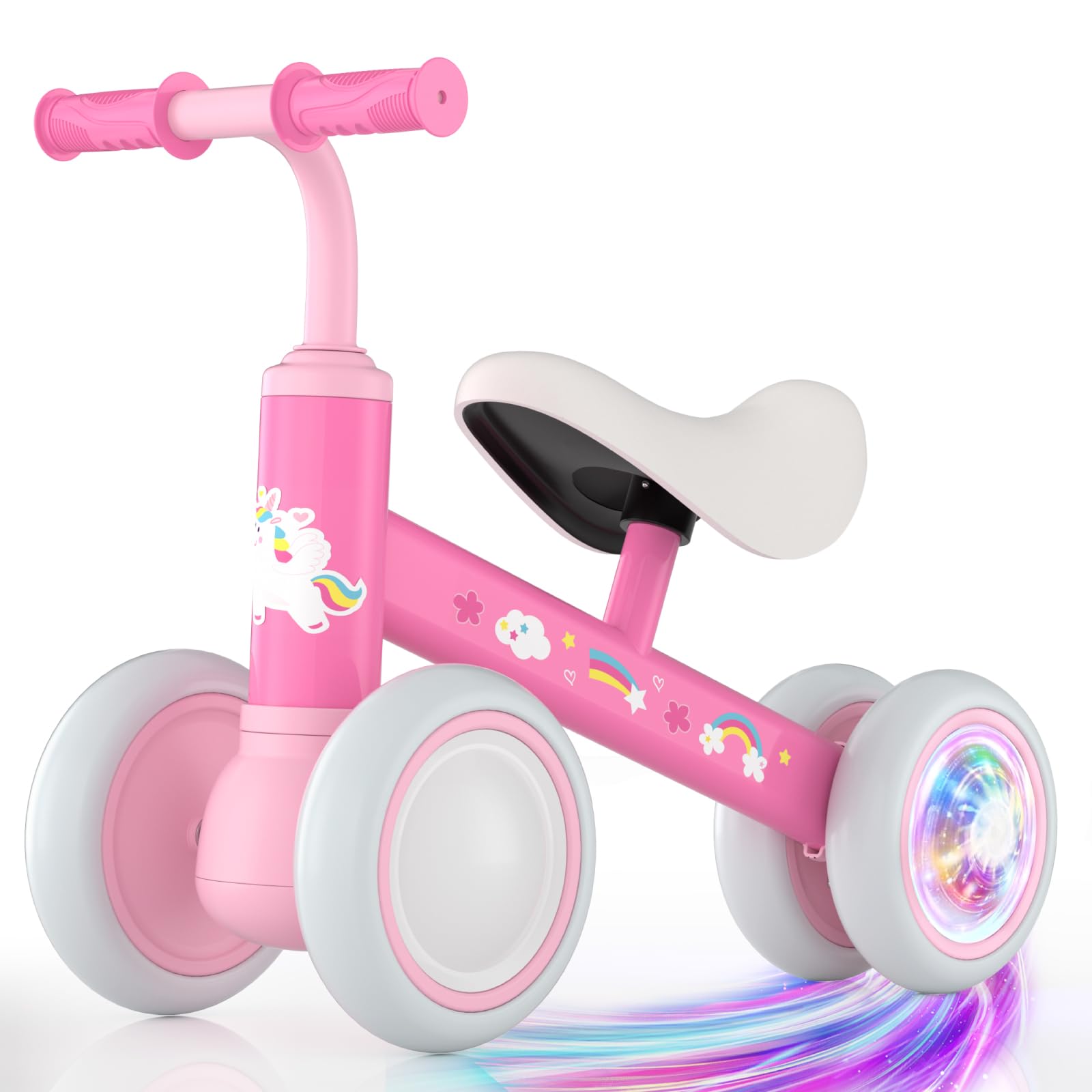 Photo 1 of *HANDLE BAR BENT* Lilian&Gema Colorful Lighting Baby Balance Bike for 1 Year Old Boys Girls, 12-24 Months Toddler Balance Bike, No Pedal 4 Wheels Bike with Soft Seat, Toddler First Bike, 1st Birthday Gifts
