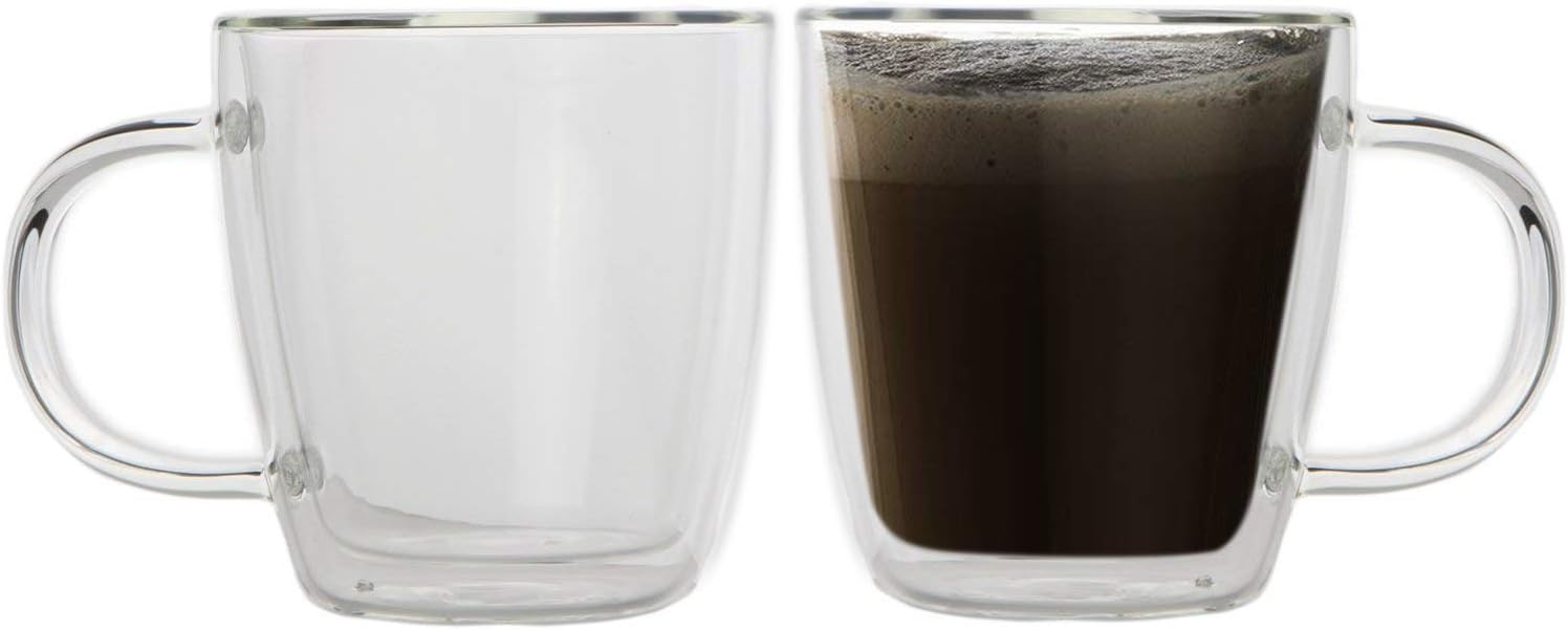 10 Ounce Glass Cups Coffee Mugs with Handles Made of Borosilicate Pyrex Doulble Wall Cup for Espresso Juice Water Milk Set of 2 Clear