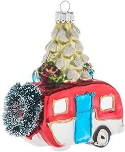 Retro Camper Trailer with Christmas Tree Glass Ornament, Vintage RV Camping Decor, Holiday Travel Gifts for Campers (Red)