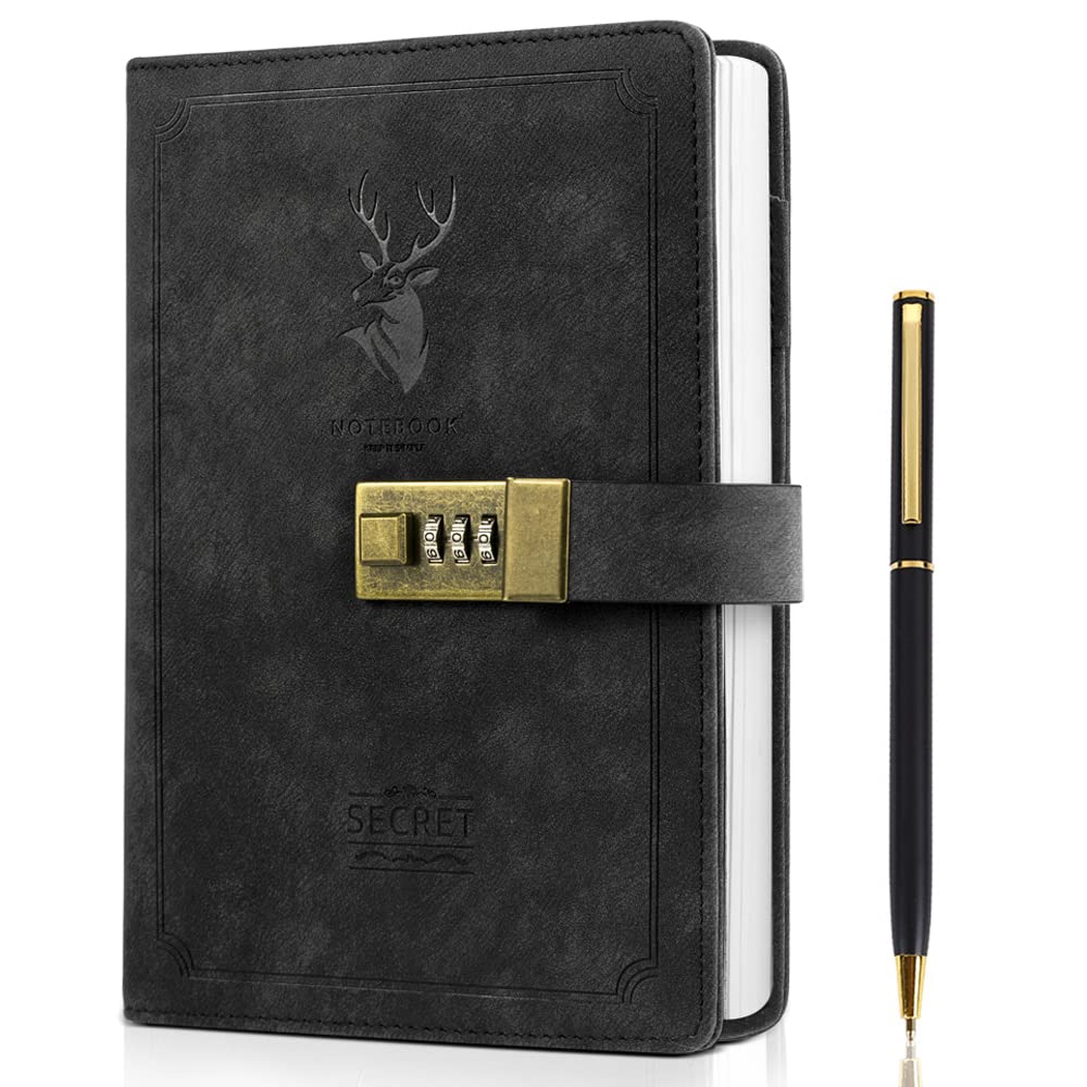 Photo 1 of ZukoCert Journal With Lock A5 PU Leather Diary With Lock 240 Pages, Retro Journal With Lock And Key To Protect Your Privacy, Unisex.?Deer Head Style, Black?