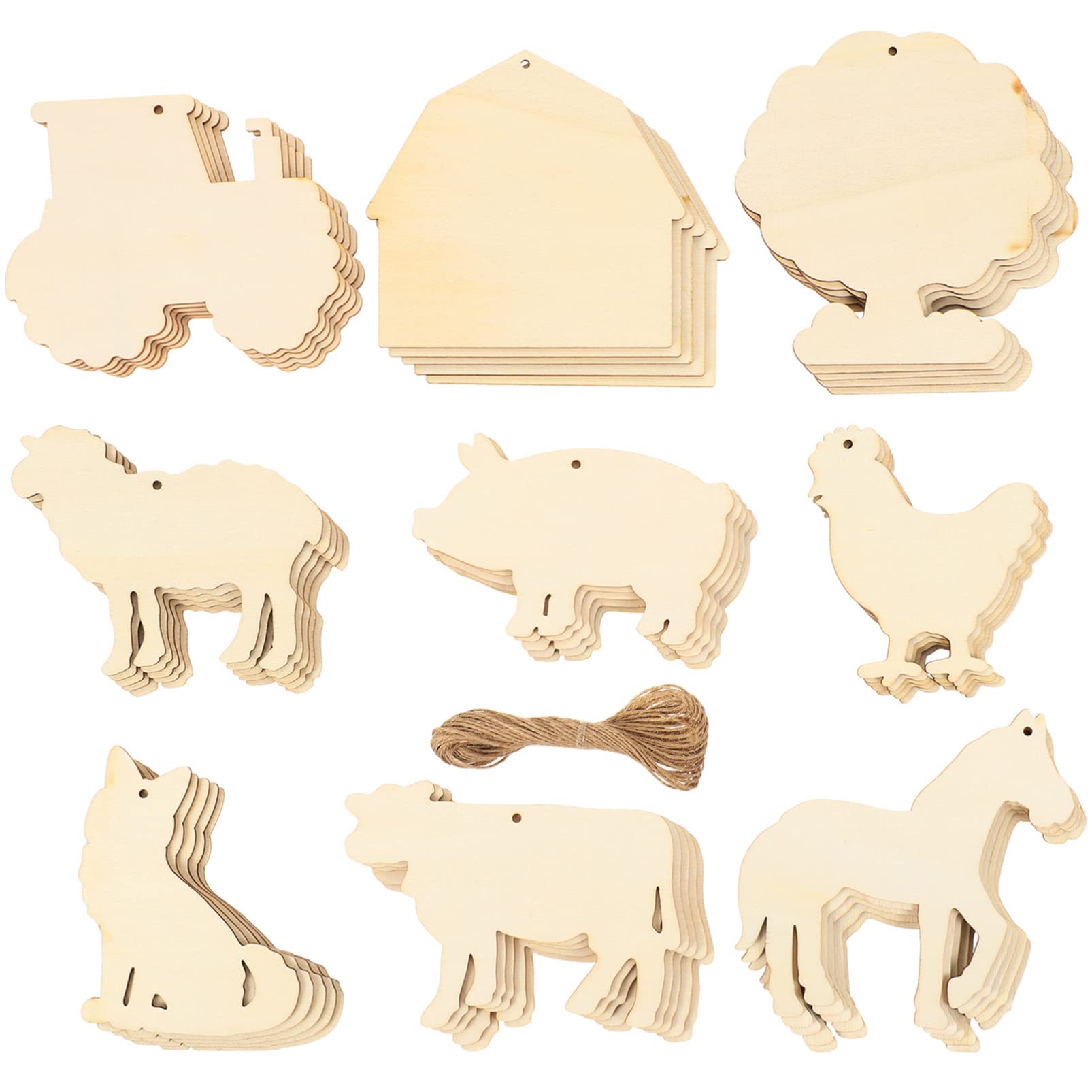 EXCEART 45Pcs Wood Slices with Farm Animal Shapes and Pre-Drilled Holes Unfinished Wooden Blanks for Painting Craft Kits Home Decor and Party Decorations