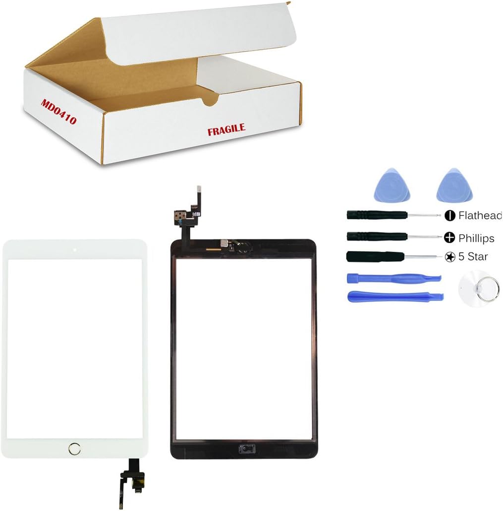 (md0410) WHITE Digitizer Glass Lens Touch Screen Full Complete Assembly with IC Chip Replacement Compatible Ipad Mini 3 A1599 A1600 (Camera Holder, Adhesive, Gold Ring Home Button Flex included) Tool