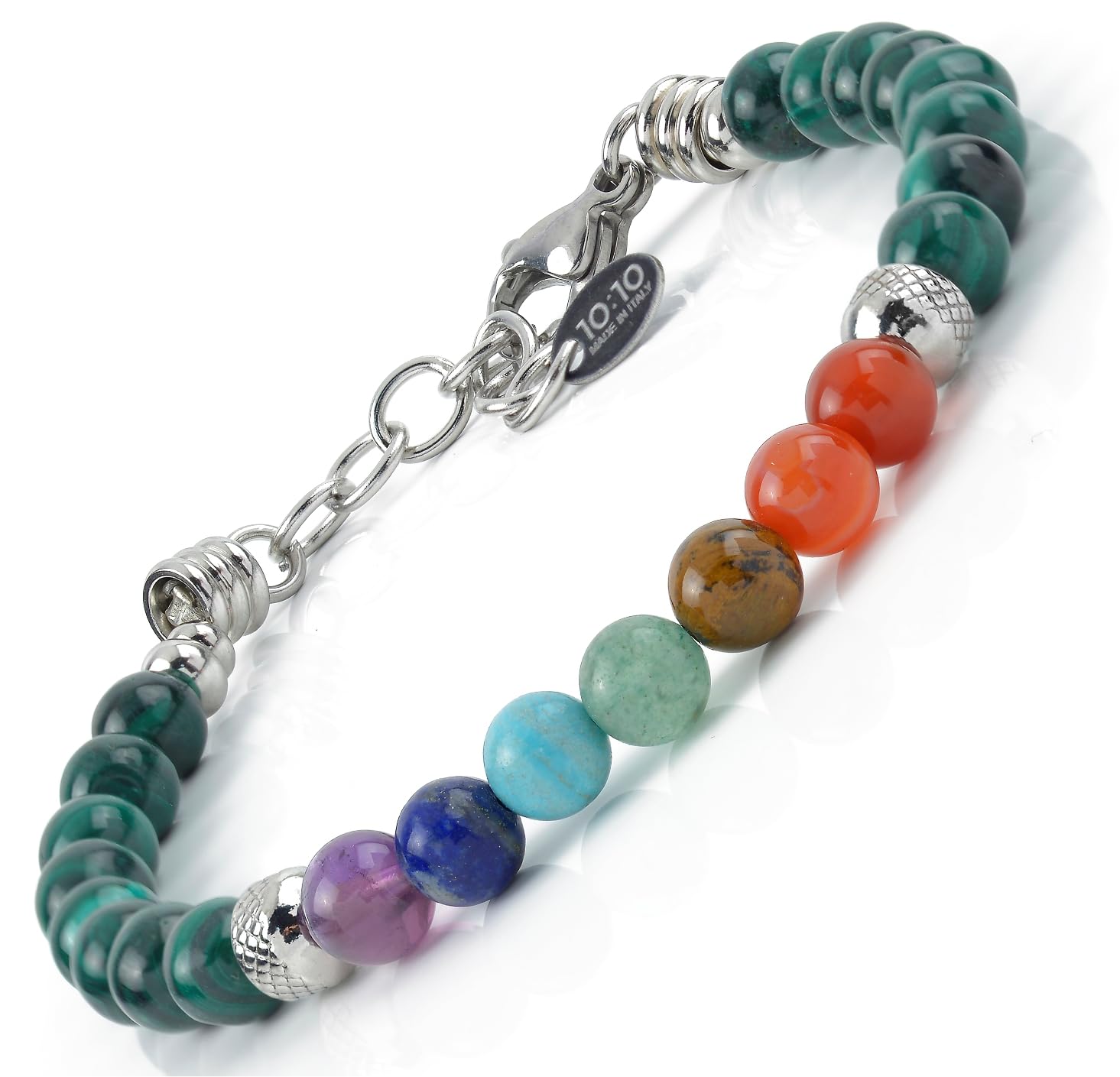 10:10 7 Chakra bracelet made of stainless steel and 6 mm natural stones, made in Italy., Stainless Steel Stone,