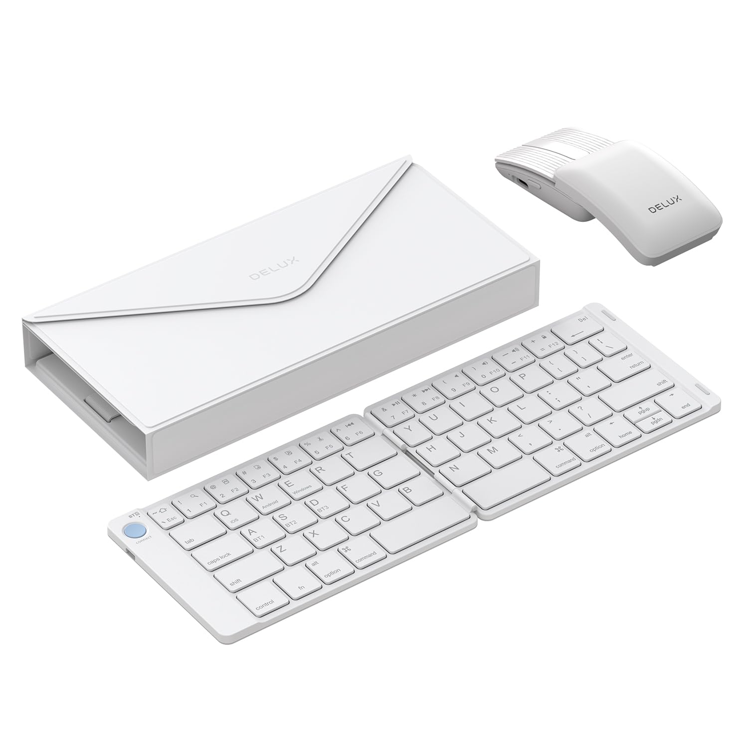 Photo 1 of DELUX PockCombo Portable Keyboard and Mouse Wireless with Protective Case, Bluetooth Foldable Keyboard, 2-in-1 Sliding Mini Mouse with Pointer (White)