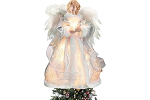 BigKing Christmas Tree Topper Angel, Angel Tree Topper with Lights, 12 Inch Lighted Christmas Tree Angel Topper, Xmas Tree Toppers Decorations Ornament with White Wings (Silver)