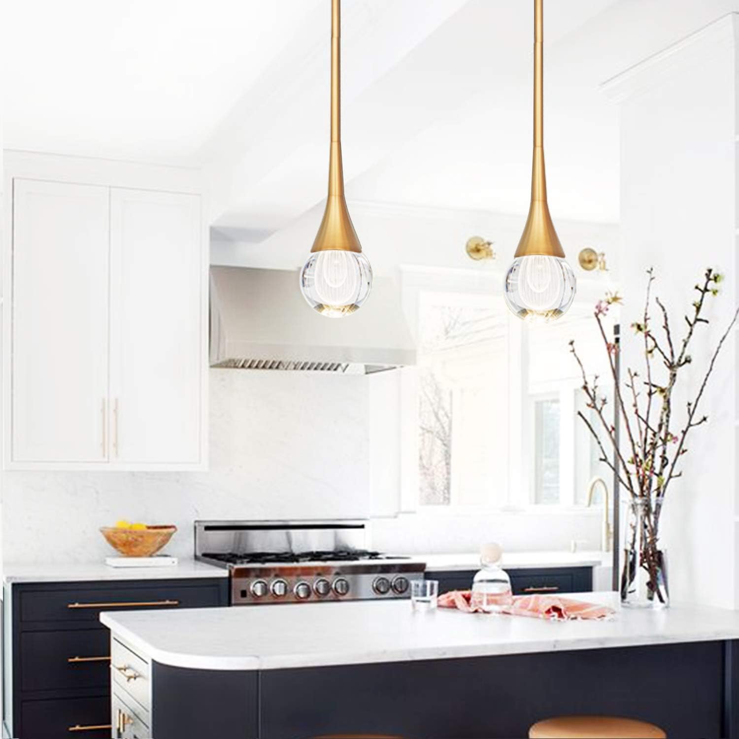 MOTINI 1-Light Gold Crystal Pendant Light in Brushed Brass Finish LED Teardrop Mini Bar Pendant Lighting for Kitchen Island, Bedroom, Bathroom, K9 Glass Fixture - - 