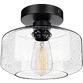 SunRider Industrial Semi-Flush Mount Ceiling Light Fixture, Modern Seeded Glass Pendant Lamp, Black Farmhouse Hanging Lightin