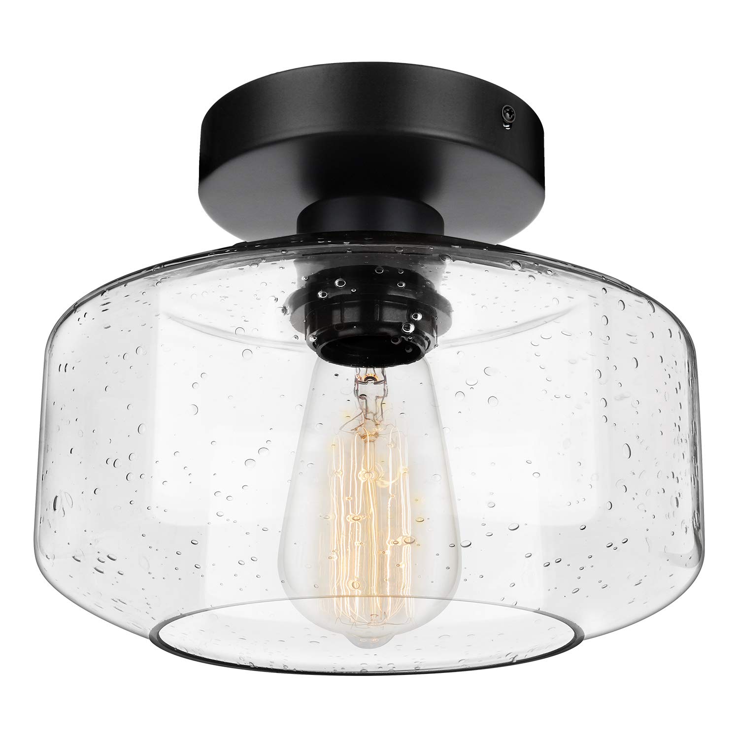 Photo 1 of SunRider Industrial Semi-Flush Mount Ceiling Light Fixture, Modern Seeded Glass Pendant Lamp, Black Farmhouse Hanging Lighting for Bedroom Hallway