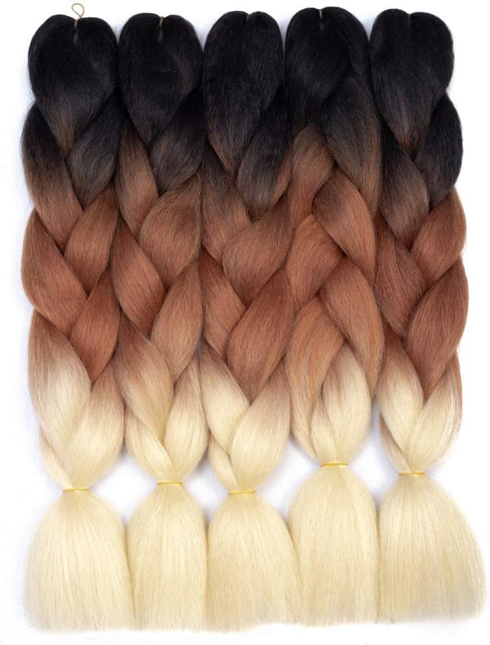Ombre Kanekalon Braiding Hair 5 Pack Ombre Jumbo Braiding Hair Extensions 24 Inch Jumbo Braid Synthetic Hair for Braiding (5 pack, Black-Brown-Blonde)