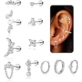 11Pcs 16G Cartilage Earrings for Women,Hypoallergenic Surgical Steel Earrings for Sensitive Ears,Flatback Stud Earrings & Conch Hoop Cartilage Earring Tragus Conch Daith Helix Piercing Jewelry Single