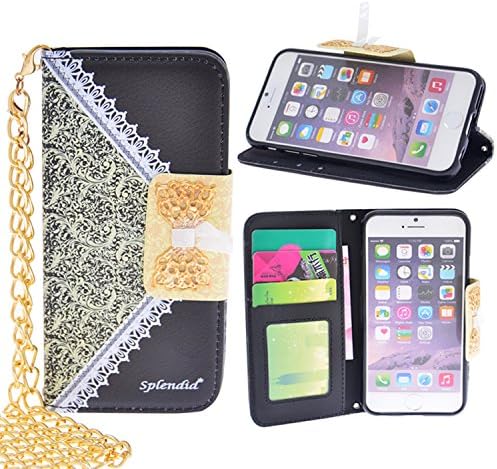 iPhone 6/6s 4.7" case, Splendid black luxury elegant floral pattern bow lace design pu black leather wallet purse with gold chain strap credit/ ID card money holder slots case cover (Lace Black i6s)