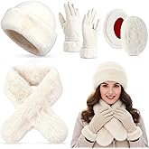Mepase 4 Pcs Women Winter Faux Mink Fur Mongolian Hat with Faux Fur Collar Scarf Earmuffs and Touch Screen Gloves Set