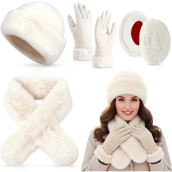 4 Pcs Winter Faux Fur Set Fur Collar Fuzzy Bucket Hat Scarf Gloves 4 Pcs Winter Faux Fur Set for Women Fur Collar Scarf Wrap  main image 3