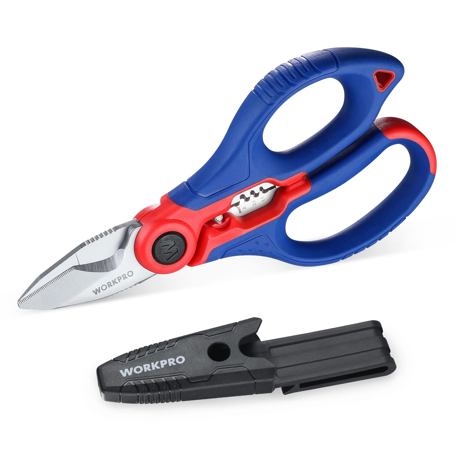 WORKPRO 163 MM (6-1/2 INCH) Electricians Scissors with Wire Stripper, Multi-Function Stainless Steel Electricians Shears with Belt Clip Sheath