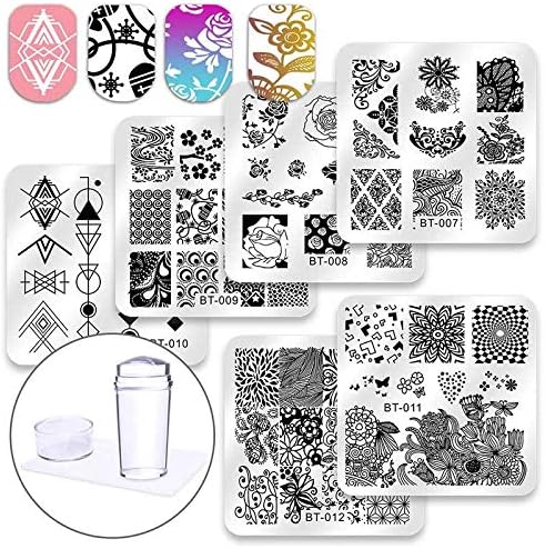 Nail Stamp - 6 Pcs Square Nail Stamping Plates Set Lace Flower Animal Pattern Nail Art Stamp Template Image Plate Stencils Tool Kits