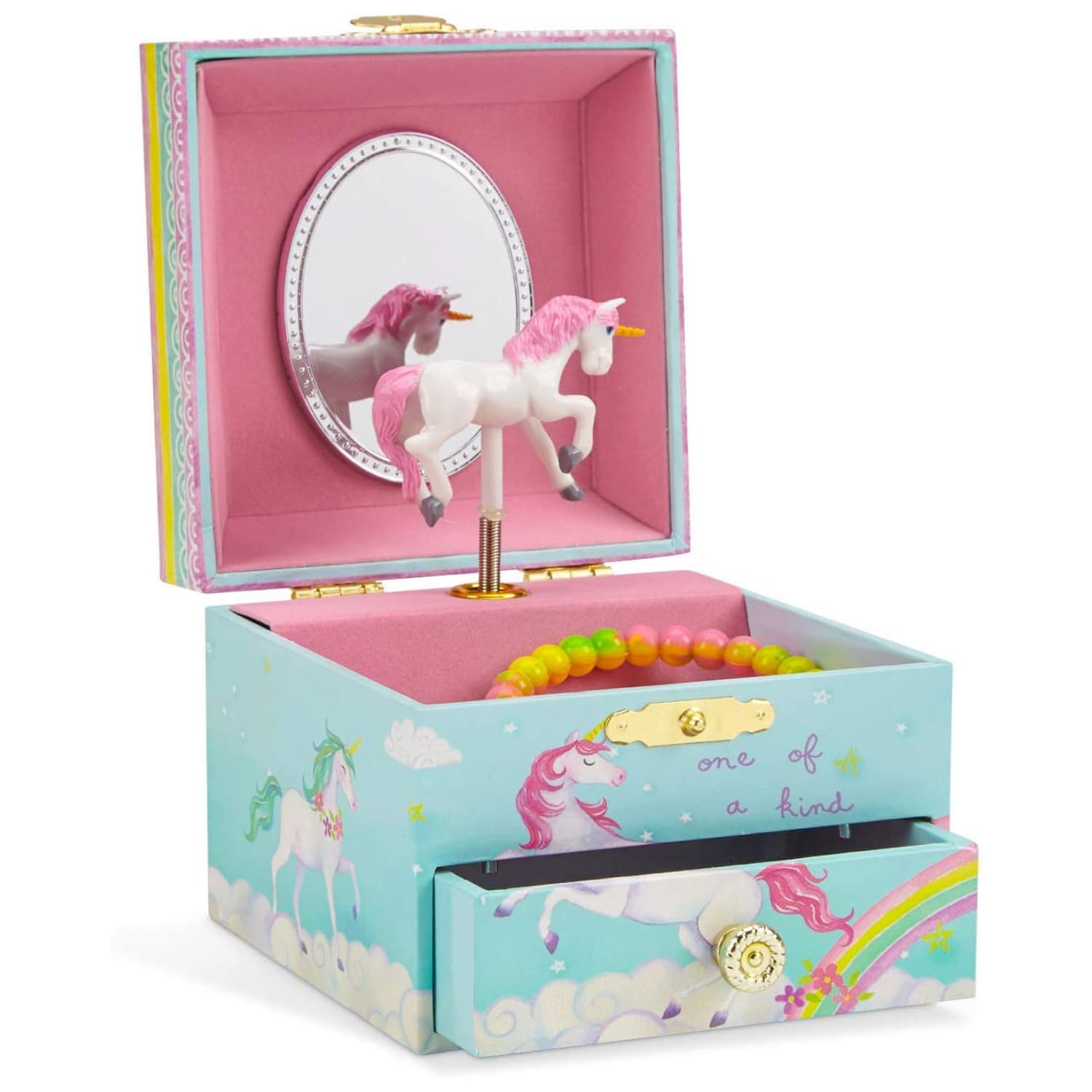 Jewelkeeper Rainbow Unicorn Jewellery Box - Unicorn Gifts for Girls with Spinning Figurine - Beautiful Dreamer Melody - Delightful Jewellery Box with Storage - Blue and Pink - 10.8 x 8.9 x 10.8 cm