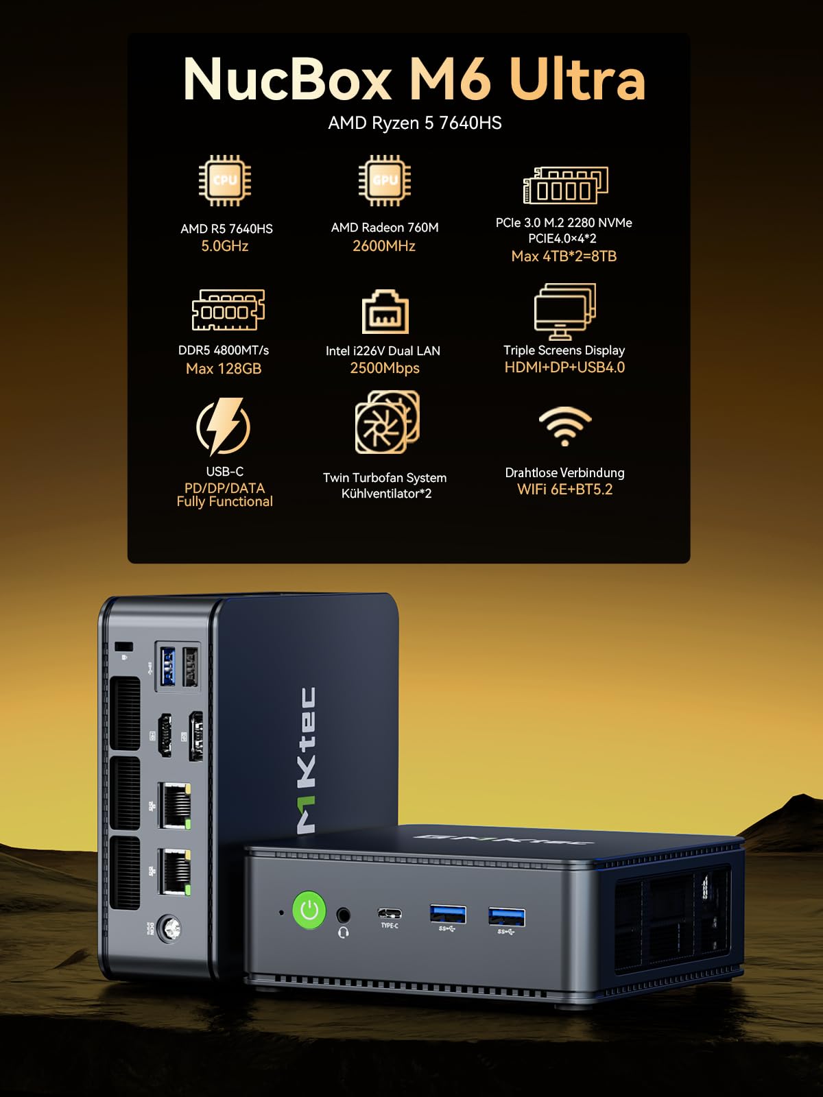 GMKtec Gaming Mini PC Ryzen 5 7640HS (stärker 6800H) mit grafikkarte AMD 760M, 16GB DDR5 RAM 1TB M.2 SSD, Mini Desktop Computer mit Dual 2.5G LAN/WiFi 6E/Triple 4K Display/USB 4.0 für Spiele und Büro 2