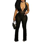 RISCUYY Halter Lace Jumpsuit for Women Sexy Bodycon Mesh One Piece Outfits See Through Romper Trendy