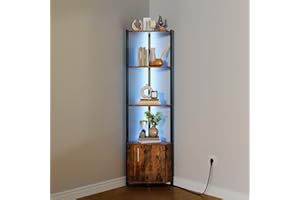 Huloretions 5-Tier LED Corner Shelf with Adjustable Lighting – Tall Space-Saving Display Cabinet with Doors, Metal Frame & Wo