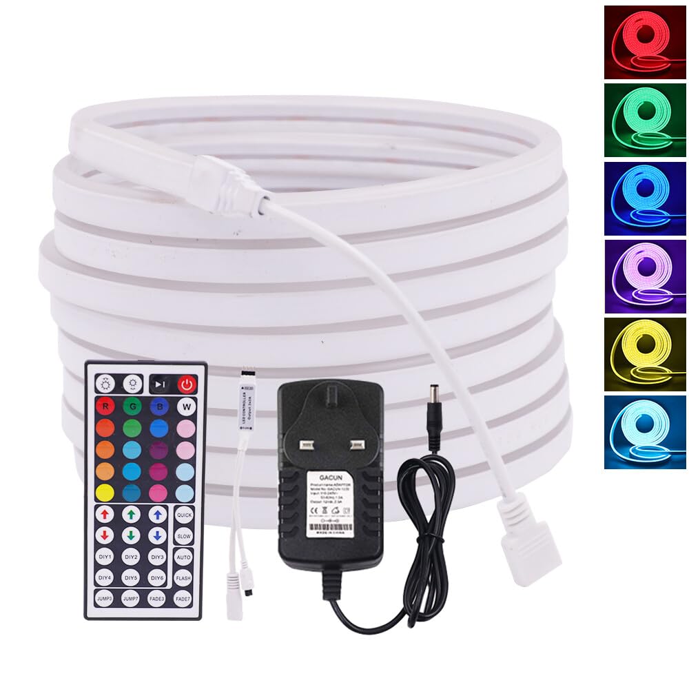 KAFULA 12V Dimmable RGB Light Strip with Power Supply, 96 LEDs/M 2m Super Bright LED Neon Light with Controller, IP65 Waterproof Flexible LED Rope Light, Indoor and Outdoor Lighting