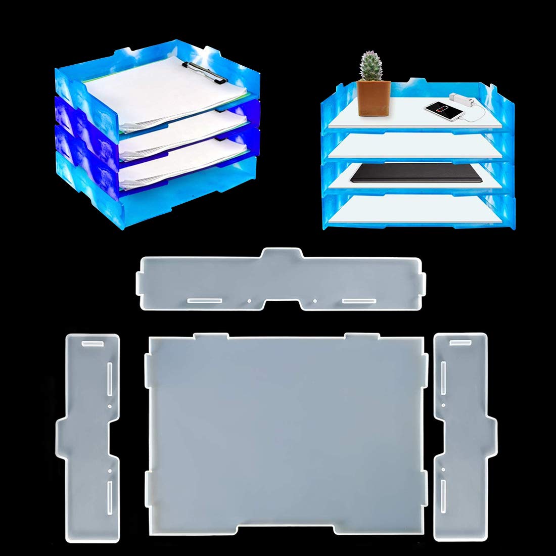FineInno 4 Tier Letter Tray Resin Moulds, Rectangle Tray Silicone Moulds, File Holder Epoxy Resin Moulds for DIY Jewelry Organizer, Document Storage Rack