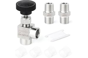 TAISHER 1PCS 304 Stainless Steel 90 Degree Needle Valve 1/8" Female NPT For Flow Control Water Gas Oil With Nipple