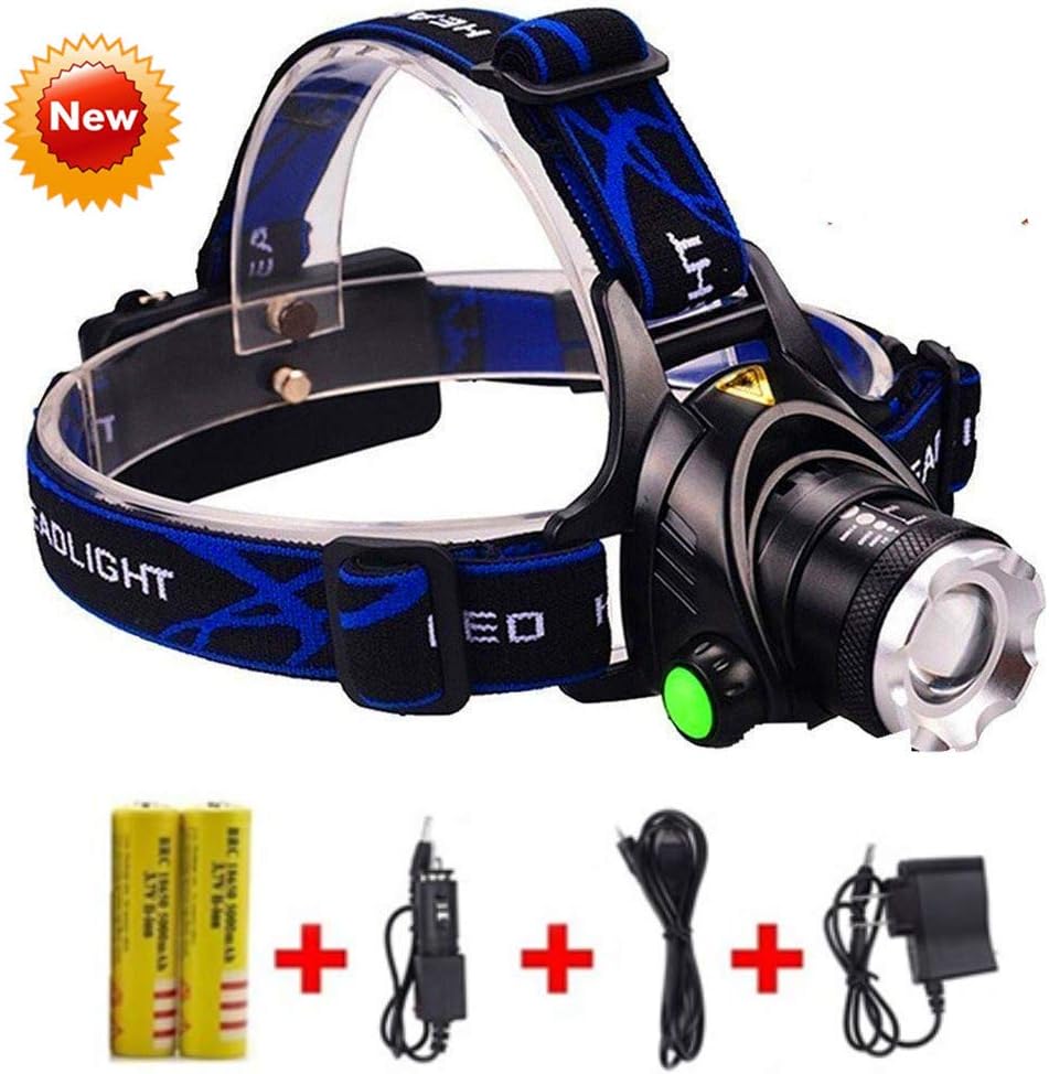 Brightest and Best LED Headlamp 2000 Lumen flashlight - IMPROVED LED, Rechargeable 18650 headlight flashlights, Waterproof Hard Hat Light, Bright Head Lights, Running or Camping headlamps