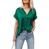 Pausus Satin Button Down Shirts for Women Short Sleeve Office Blouse Casual Business V Neck Silk Tops Slim Fit S-XXL