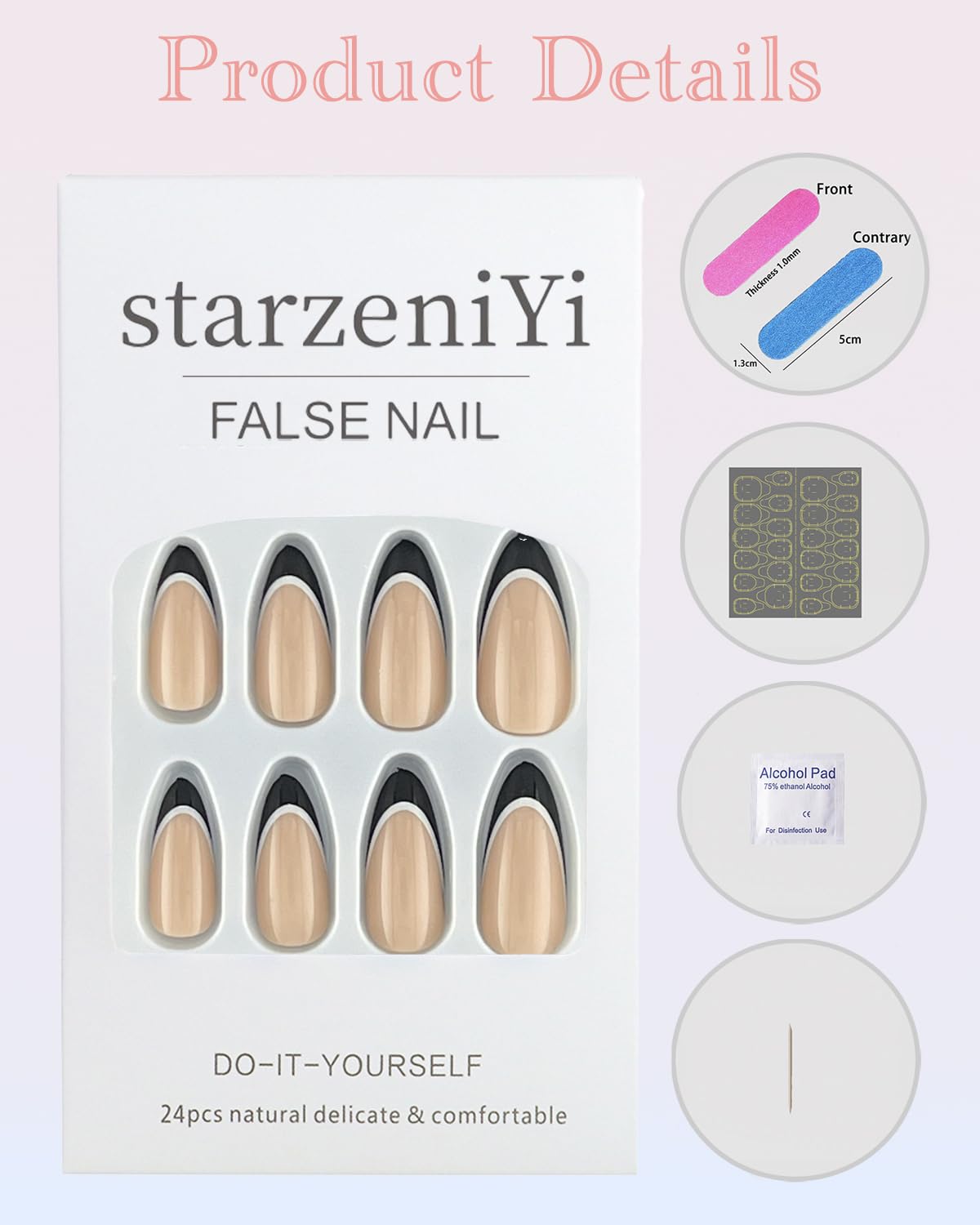 StarzeniYi French Tip Press on Nails, Almond Press on Nails Medium, Reusable Artificial Fake Nails, Full Cover False Nails for Women（Black) - Image 3