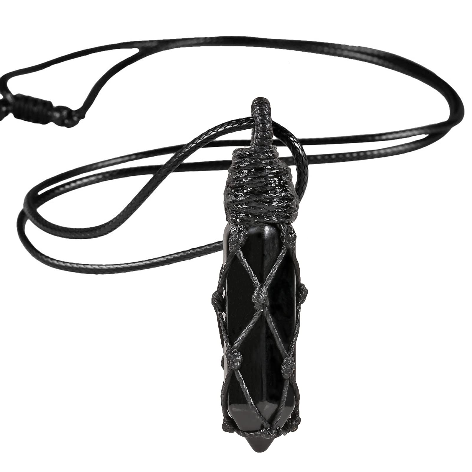 Nupuyai Obsidian Hexagonal Quartz Crystal Point Pendant Necklace for Women Men, Natural Wrapped Stone Pendulum Pendant with Adjustable Rope 65cm