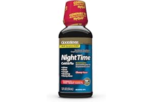 GoodSense Nighttime Cold & Flu Liquid Medicine, Cherry Flavor, 6-Hour Relief for Fever, Sore Throat, Sneezing, Runny Nose, Cough & Aches, 12 Fl Oz