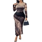 Floerns Women's Plus Size Tie Dye Long Sleeve Mesh Party Bodycon Long Dress