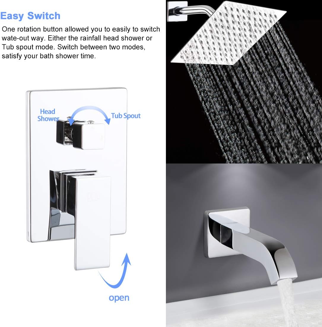 POP Shower Faucet Set with Tub Spout Chrome Bathroom Luxury Rain Mixer Shower System Wall Mounted Rainfall Shower Combo Set, Single Function Tub and Shower Trim Kit with Rough-in Valve - - 