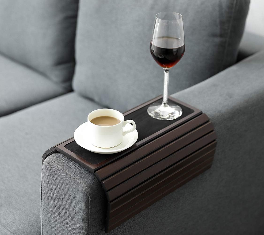 Sofa Arm Tray Table Slinky Secure/Flexible/Foldable Couch Tray Table with Non-Slip Mat for Drinks, Food, Phone or Remote. Sustainable Slinky Bamboo Design (16.5" L x 13.25" W x 0.4" H, Walnut Brown): Kitchen & Dining