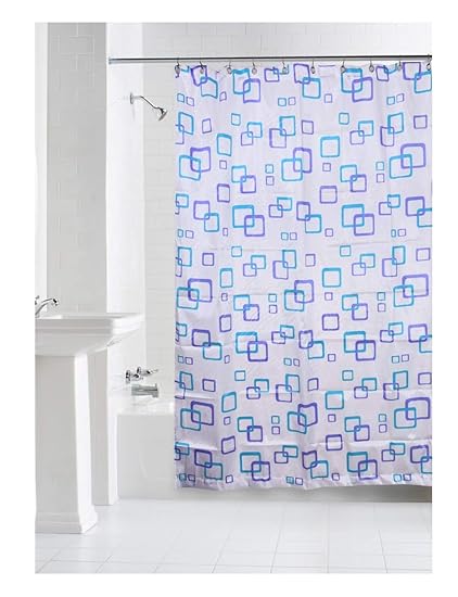 Yellow Weaves Waterproof Polyester Checkered Shower Curtain with 8 Hooks, 71 X 71 Inches, White and Blue