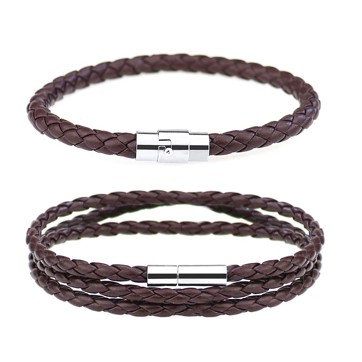 Gleamart 2PCS Men Women Leather Bracelets Braided Wrist Cuff Bracelet Brown