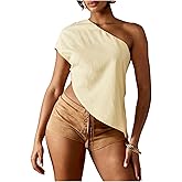 OYOANGLE Women's One Shoulder Asymmetrical Tops Fashion Short Sleeve Clubwear Cocktail Blouse