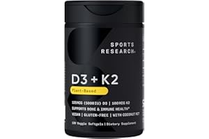 Sports Research® Vitamin D3 + K2 w/Coconut Oil - Vegan Vitamin D 5000iu & Mk7 Vitamin K 100mcg for Bone & Immune Support - Vegan Certified · Non-GMO · Soy Free - 120 Softgels