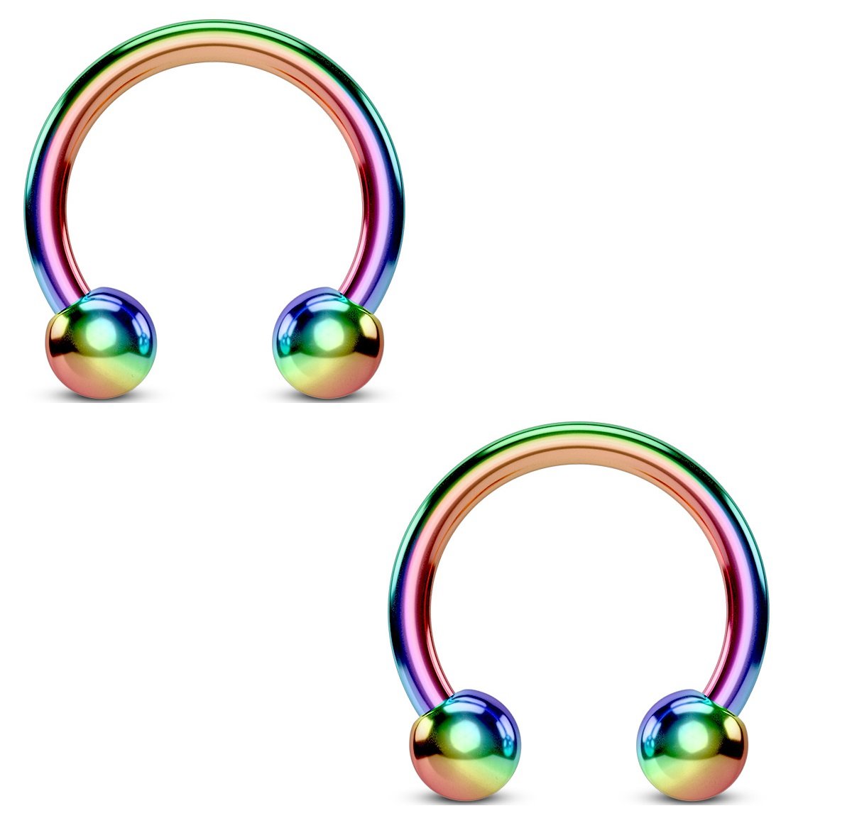PiercedOff Rainbow Titanium IP over 316L Surgical Steel 1.6mm Horseshoe with 5mm Balls - Ring Size 12mm - Sold as a Pack of 2 Horseshoes