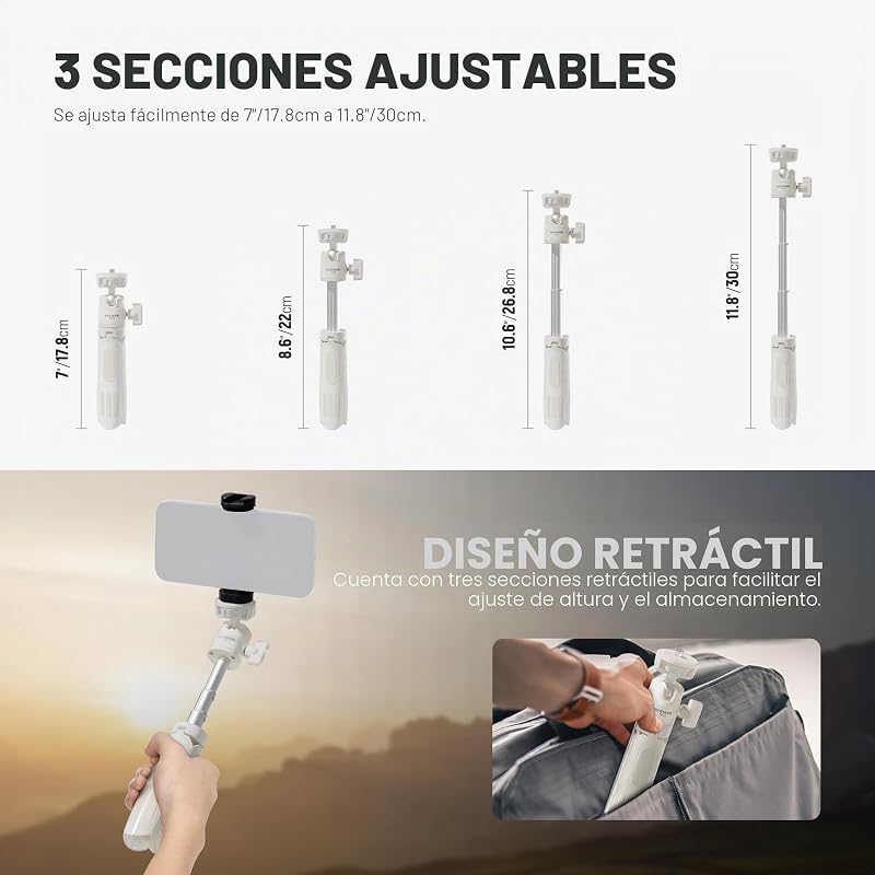 TP43 - Mini tripé de secretária compatível com iPhone GoPro Insta360 dji com cabeça esférica de 360°, eixo central elevado, pequena câmara portátil de secretária metálica, suporte para vlog