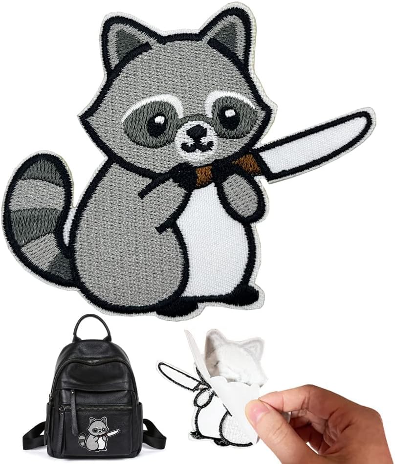 Mixed Media - Funny Memes Patch, Raccoon with Knife Self-adhesive Embroidered Iron On Patches
