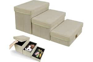 MESTUEL Storage Dog Steps for Small Medium Dogs Cats, 12-Inch High Folding Dog Stairs Steps for Couch Sofa Chairs, Foldable Storage - Dutch Velvet Fabric - Up to 55 lbs,Beige