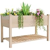 BIRASIL Outdoor Wood Raised Garden Bed, Elevated Reinforced Large Planter Box with Storage Shelf for Vegetable Flower Backyard Patio Gardening Balcony (48&rdquo;L, Natural Wood)